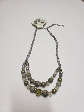 Beaded Statement Necklace with Matching Earrings Set Champagne Sage Green